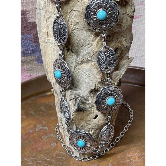 Concho Southwest Silver Unisex Chain belt adjustable to 52” Turquoise BIG stone main image 9